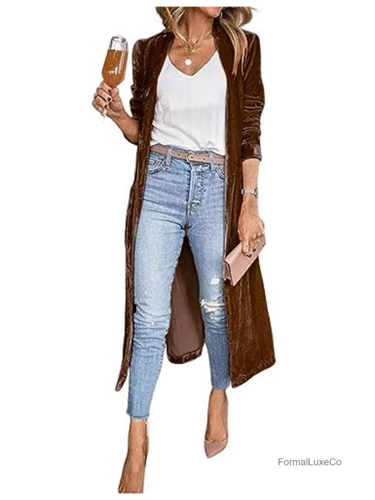 Long Velvet Cardigan Jacket Casual Open Front Maxi Duster Overcoat